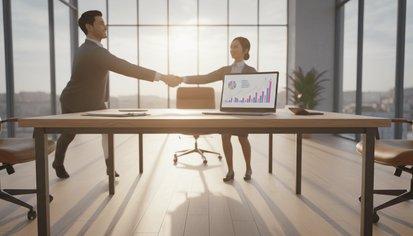 Deux professionnels se serrant la main autour d'une table de bureau avec un ordinateur portable affichant des données financières, symbolisant un partenariat de confiance en services financiers