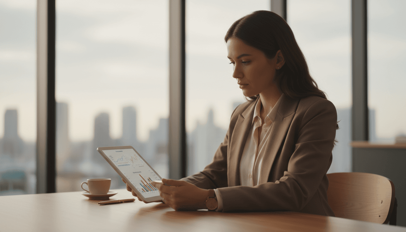 Femme examinant des documents financiers sur tablette avec graphiques d'investissement
