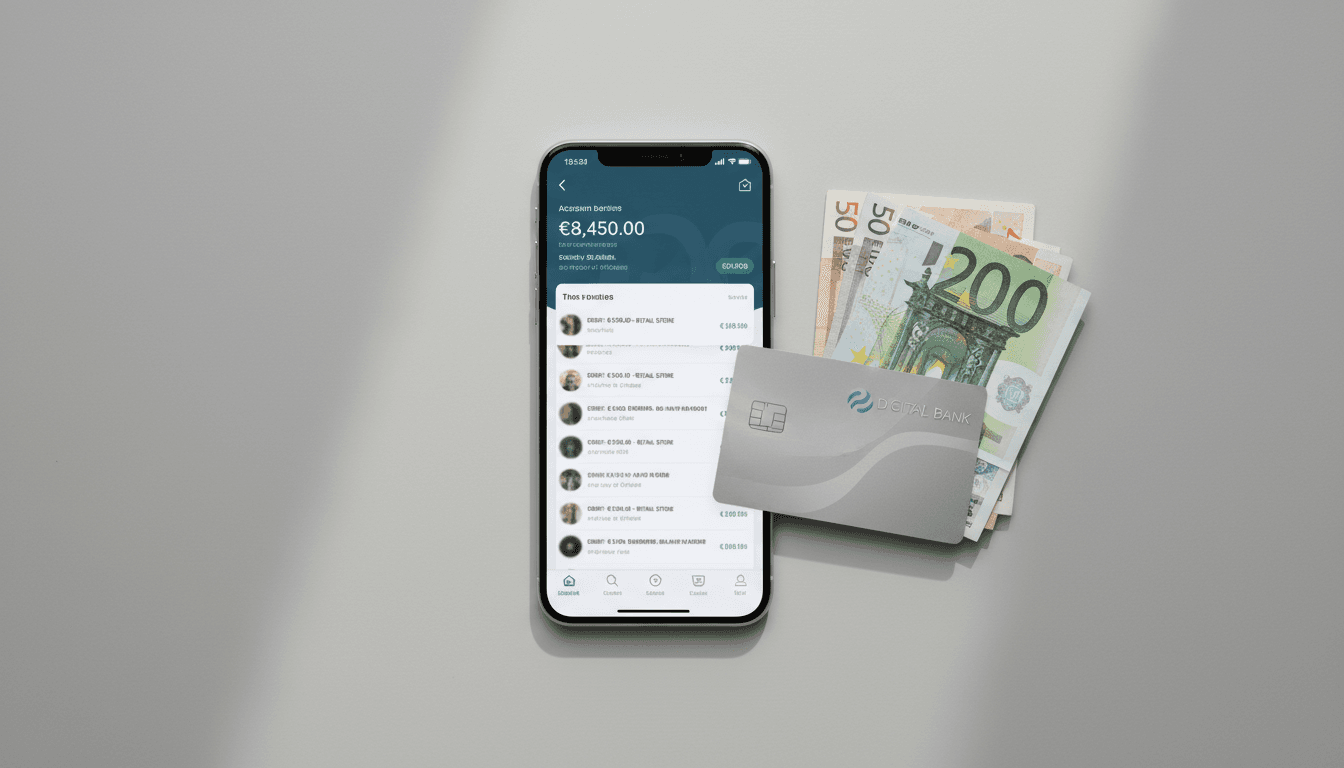 Téléphone affichant l'application bancaire avec carte et euros sur fond neutre