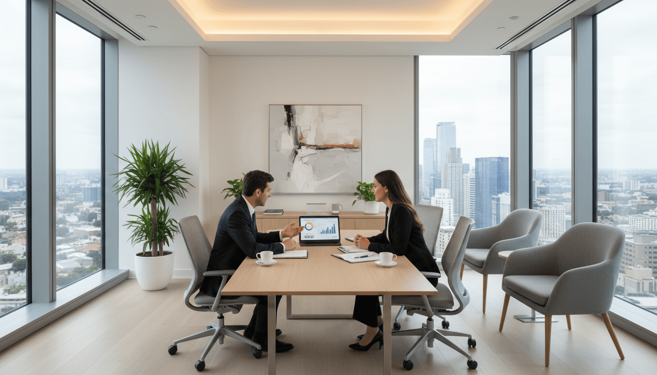 Réunion professionnelle de conseil financier dans un bureau moderne à Lisbonne