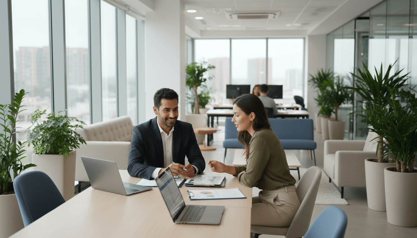 Réunion d'affaires professionnelle avec documents financiers et ordinateur portable sur un bureau moderne