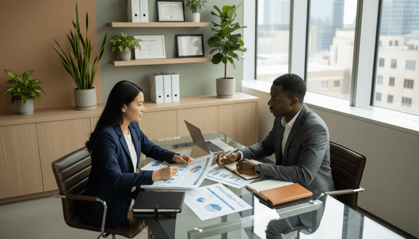 Conseiller financier en réunion avec un client dans un bureau moderne à Lisbonne