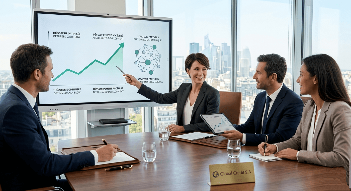 Une femme présente un graphique de croissance à ses collègues dans un bureau moderne.