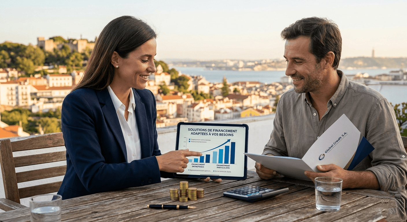 Conseillère présentant un graphique financier sur tablette à un client sur une terrasse ensoleillée.